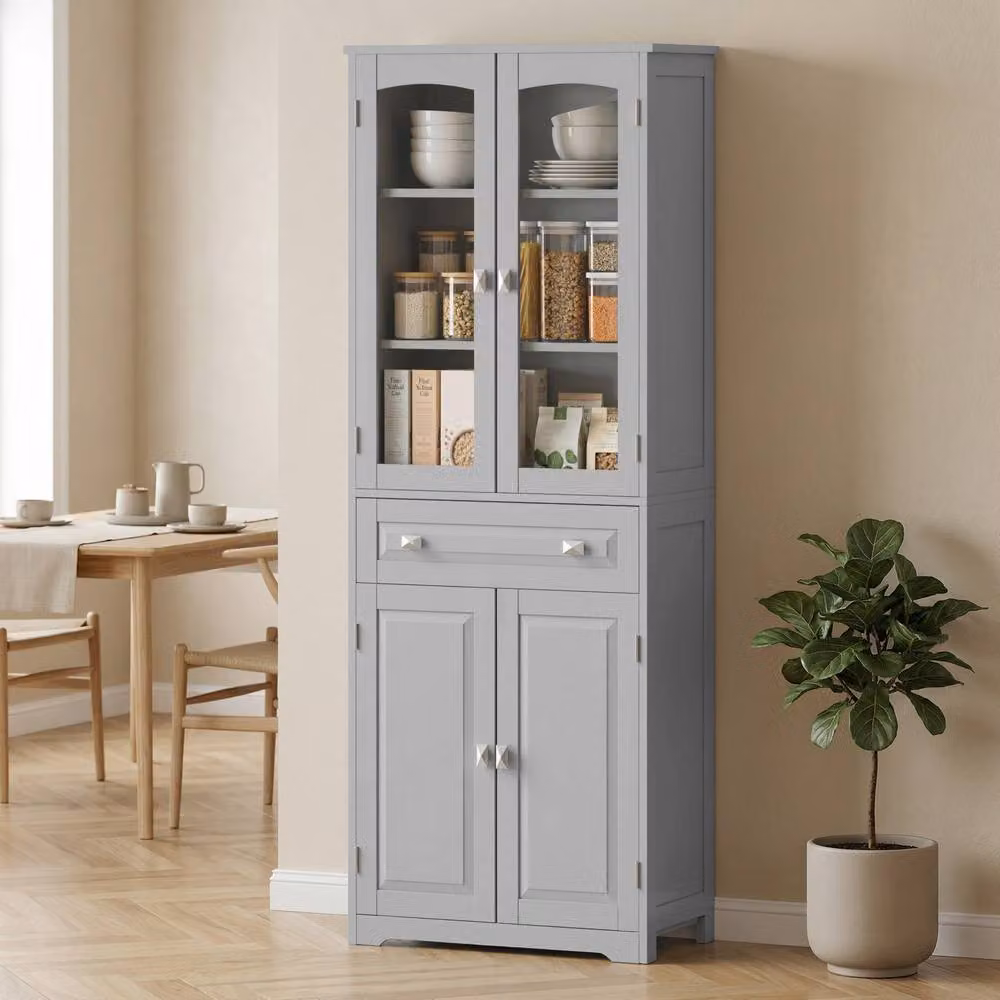 STILVORA Grey Tall Kitchen Storage Cabinet with Glass Doors and Internal Shelves, H: 160 x W: 60 x D: 30 cm – 2