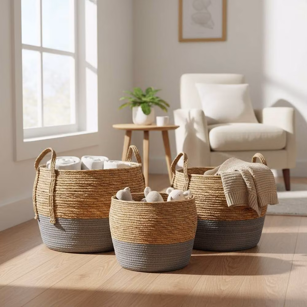 Four Candle Set of 3 Grey Dipped Straw and Seagrass Open Weave Stackable Storage Baskets – 2