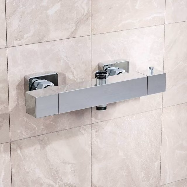 Nes Home Square Modern Chrome Exposed Thermostatic Shower Mixer Bar Valve in Silver