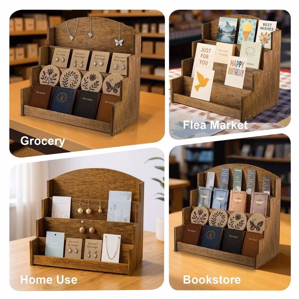 SPETLEK 4-Tier Rustic Brown Wooden Greeting Card Display Stand for Tabletop Use – 4