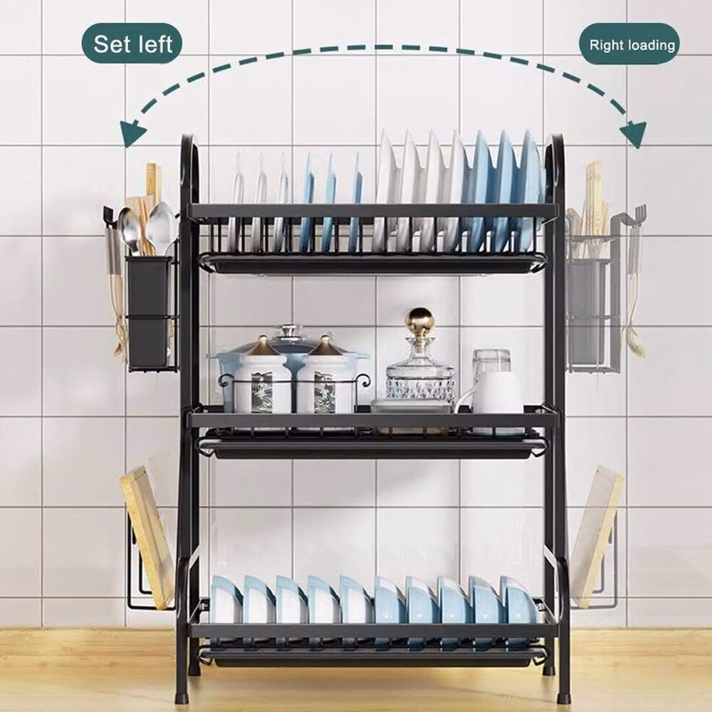 ATEK 3 Tier Black Steel Kitchen Dish Drainer Rack with Cutlery Holder and Cutting Board Holder – 3