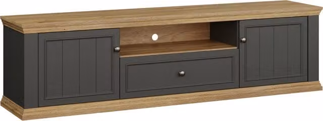 Furniture To Go Pontypool Wide TV Unit with 2 Doors, Drawer and Open Shelf in Grey and Mauvella Oak