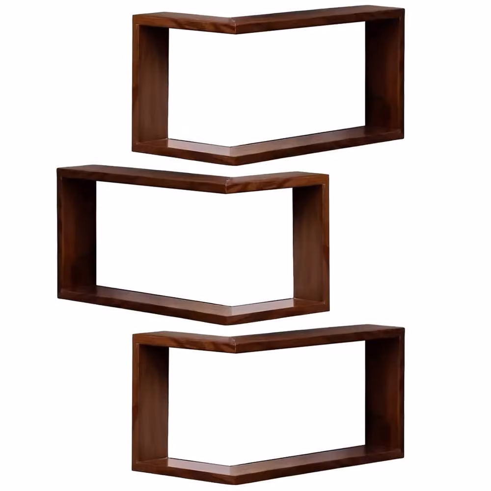 Ventryn 3 Piece Brown Wood Corner Shelves Wall Mounted Storage Display – 3