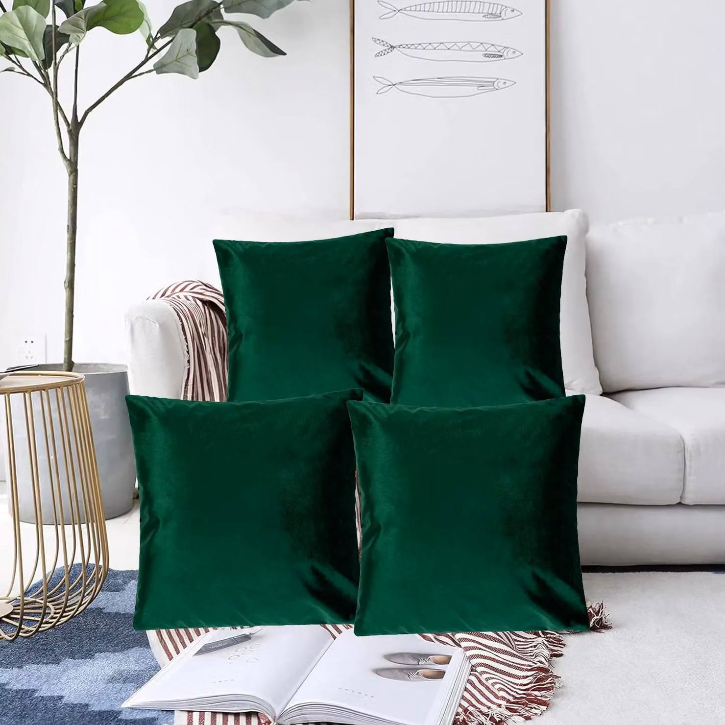 Luxor Living Set of 4 Green Velvet Square Cushions, W/D/H: 45 x 45 x 45 cm – 3