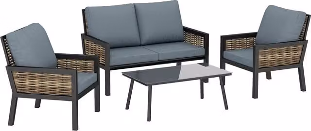 Outsunny 4 Seater Rattan Garden Furniture Set in Grey with Cushions, 2 Armchairs, Loveseat and Coffee Table