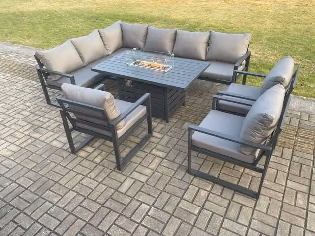 Fimous 9 Seater Aluminium Outdoor Garden Furniture Set with Gas Fire Pit Dining Table in Dark Grey