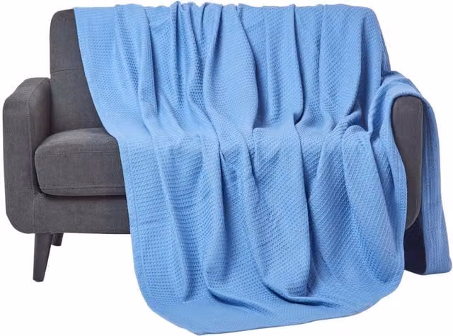 Homescapes Organic Cotton Waffle Pique Blanket in Blue, W/D/H: 180 x 230 cm