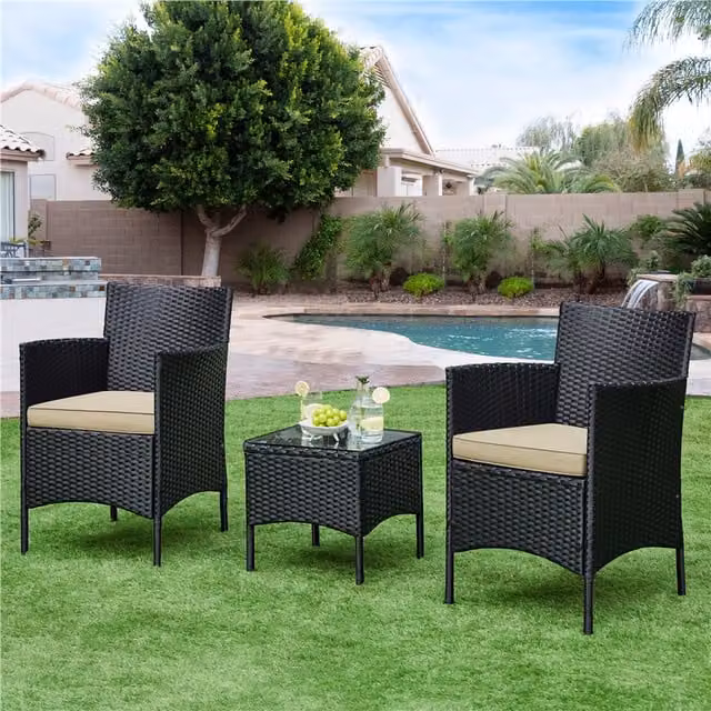 Yaheetech 3-Piece Modern Rattan Table and Chair Furniture Set in Black