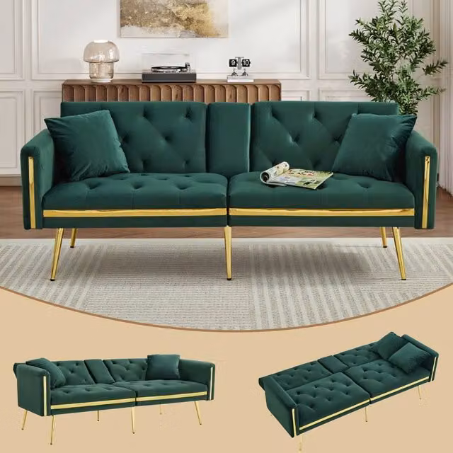 ModernLuxe Green Velvet 2-Seater Convertible Sofa Bed with Cup Holders and Metal Frame, W/D/H: 174 x 76 x 71.5 cm