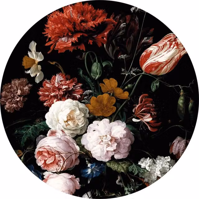 Floral Vase of Flowers Round Wall Mural in Black and Multicolour, W: 144 cm
