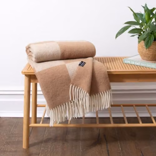 Simply Sheepskin Beige Checkerboard Jacquard Woven New Zealand Wool Blanket, W: 140 cm, L: 200 cm – 3