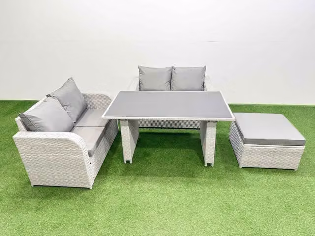 Fimous 4 Piece Outdoor PE Rattan Sofa Set with Cushions and Large Stool in Light Grey