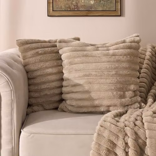 OHS 2 x Faux Fur Thick Rib Cushion Covers in Light Brown, W/D/H: 45 x 45 x 45 cm – 2