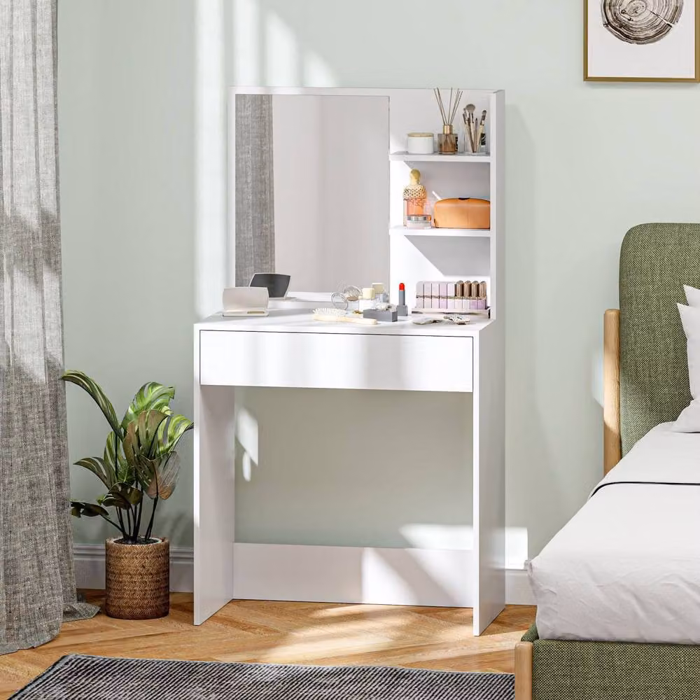 Wyld Haus Ketoli White Dressing Table with Large Mirror, Drawer and Integrated Storage – 3