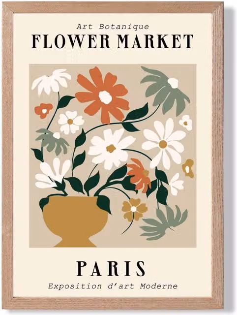 ARTZE Paris Beige and Green Flower Market Exhibition Framed Print with Oak Wood Frame