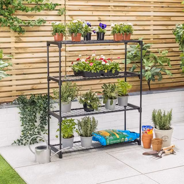 Christow 4 Tier Black Metal and Plastic Freestanding Greenhouse Staging Stand with Adjustable Shelves, H 107.5 cm x W 90 cm x D 30 cm