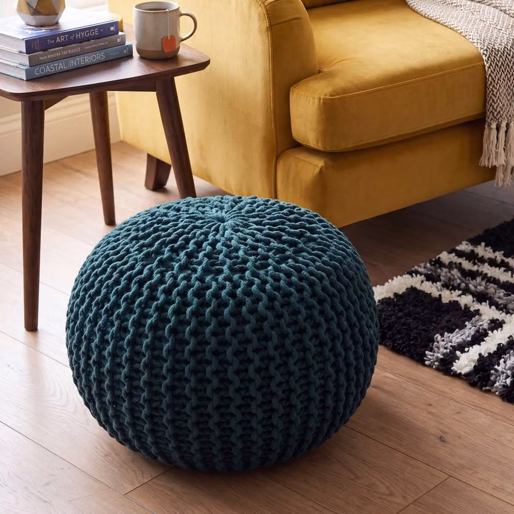 Bravich LTD Chunky Knitted Cotton Pouffe Footstool in Dark Green, Diameter: 50 cm – 5