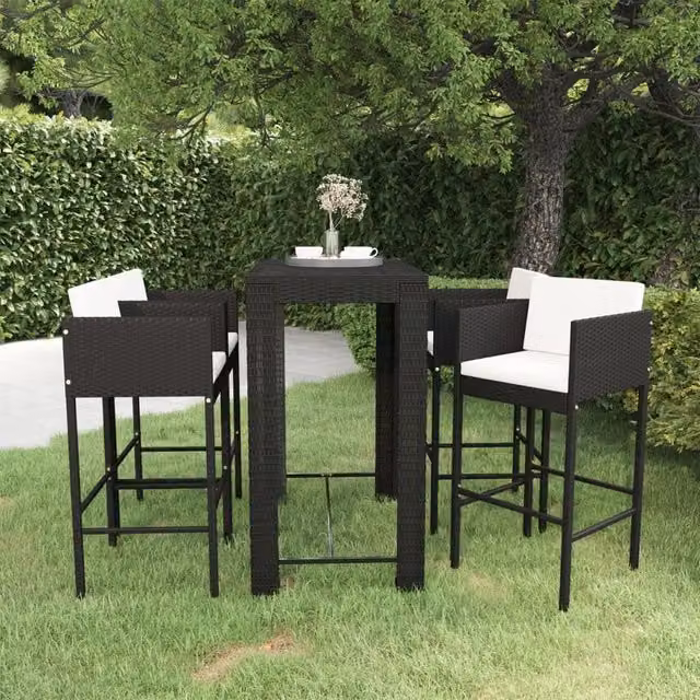 Berkfield Home 5 Piece Modern Garden Bar Set with Cushions in Black Poly Rattan and Steel – 1