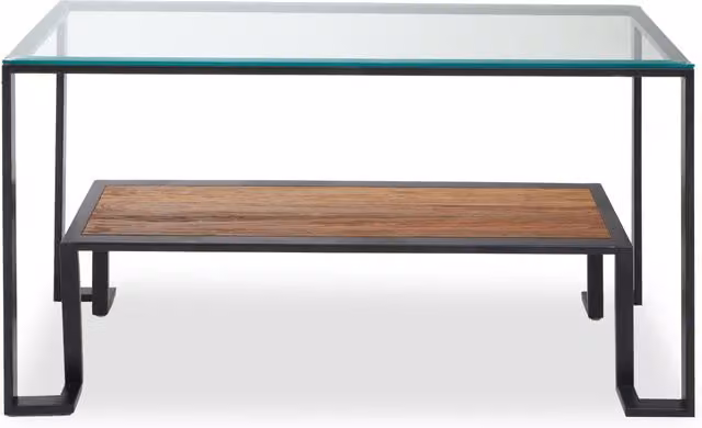 Orsina Roman Rectangular Console Table with Transparent Glass Top, Black Metal Frame and Teak Wood Lower Shelf, W/D/H: 150 x 50 x 78 cm