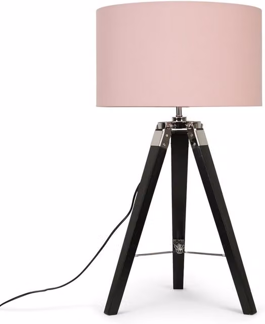 Clipper Tripod Table Lamp with Black Wood Base and Pink Fabric Cylinder Shade, H: 50 cm, W: 40 cm, D: 10 cm