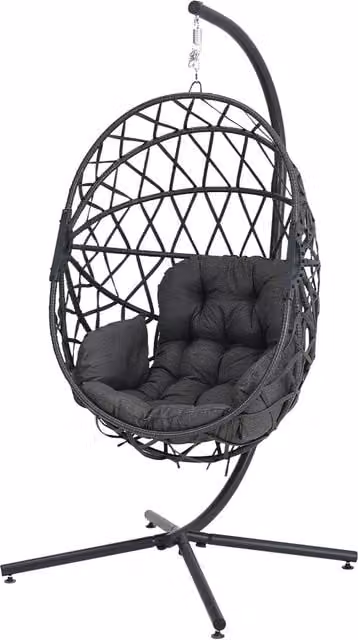 Kidkid Modern Woven Rattan and Metal Hanging Outdoor Egg Seat with Cushion in Black