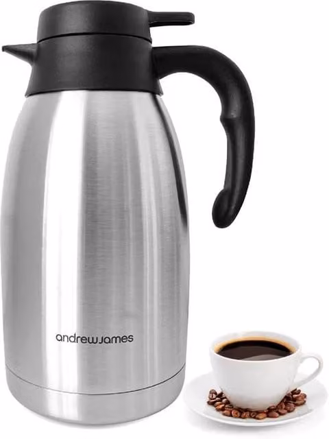 Andrew James 2 L Stainless Steel Vacuum Thermal Jug in Silver with Lid and Drip Free Spout