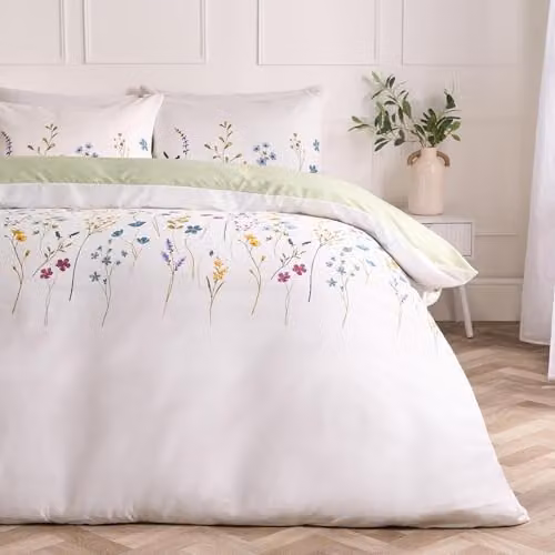 OHS Floral Microfibre Single Duvet Cover and Pillowcase Set, Multicolour/Green, W/D/H: 135 x 200 cm and 50 x 75 cm