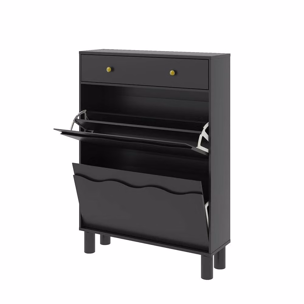 KEEPREAPER Modern Freestanding Black Wood Shoe Cabinet with Tilting Compartments and Internal Shelves – 2