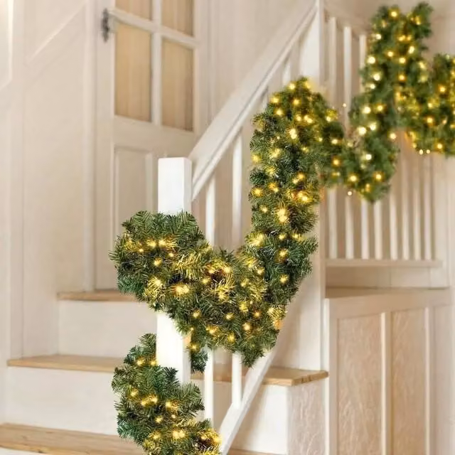 Kelvenix 9FT Pre-Lit Green Christmas Garland with Warm White LED Lights – 1