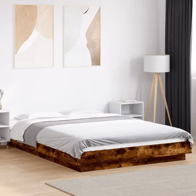 Berkfield Home Modern Small Double Bed Frame with LED Under-Bed Lighting and USB Charging Port in Smoked Oak Brown, W/D/H: 120 x 200 cm – 1
