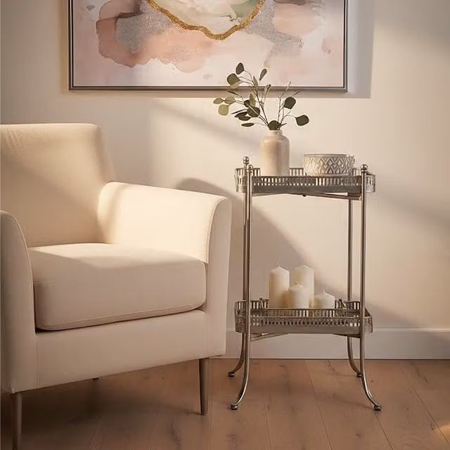 Interiors by Premier Antique Silver Two-Tier Glass and Metal Tray Table – 1