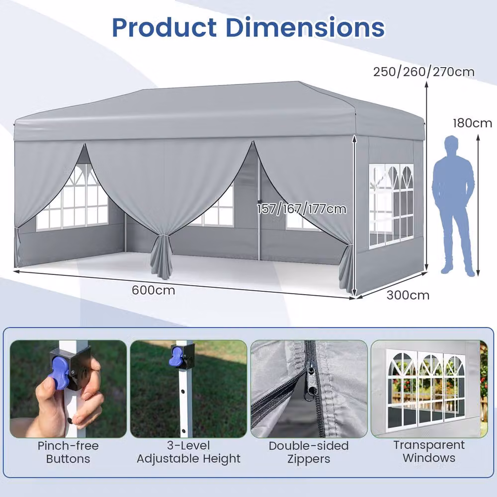 Costway Pop Up Canopy Tent Patio Sunshade Shelter with 6 Sidewalls, Grey/Silver, W: 600 cm, D: 300 cm, H: 250 cm – 5