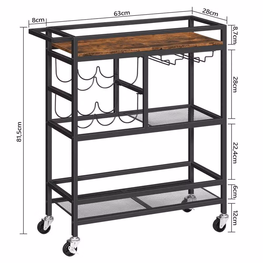 FORGEVIO Rustic Brown 3-Tier Home Bar Cart with Castors, W/D/H: 63.0 x 27.9 x 81.3 cm – 2
