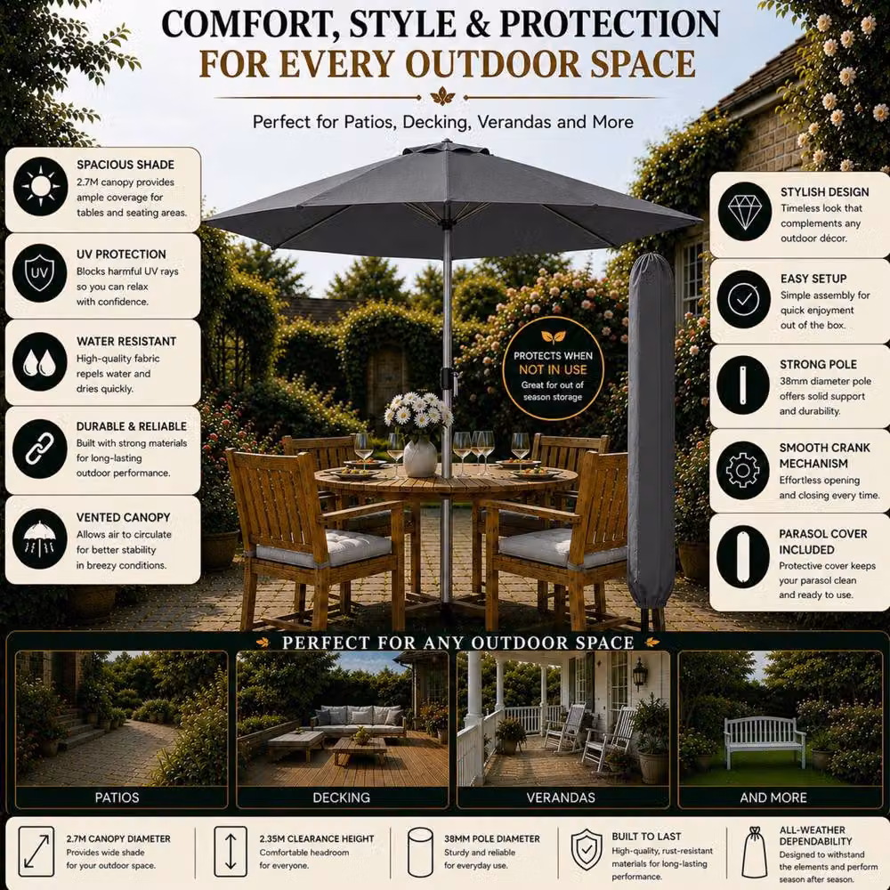 Glamhaus Dark Grey Aluminium Garden Parasol with Tilting Crank Mechanism, Diameter: 270 cm – 3