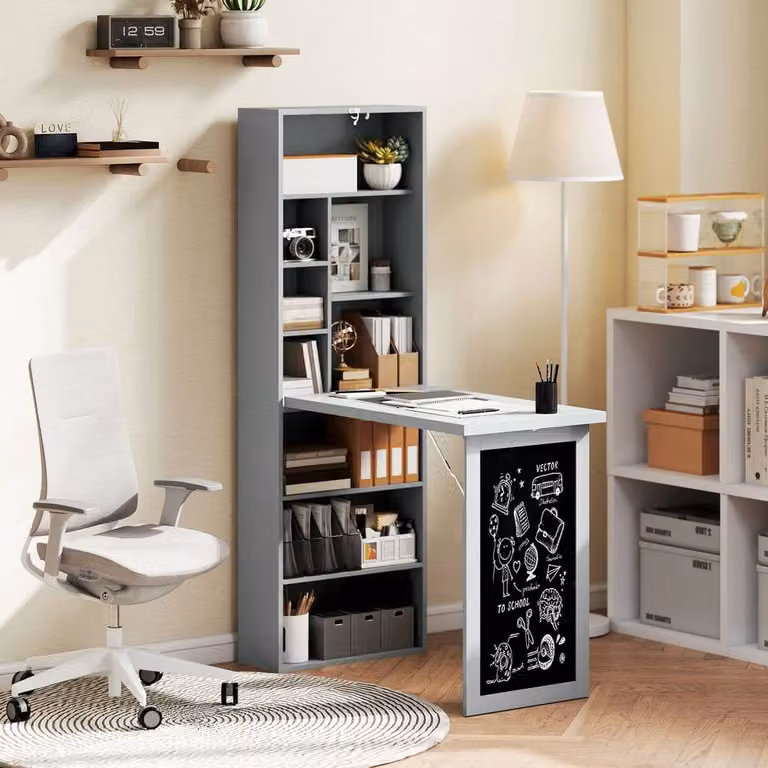 STILVORA Grey Folding Convertible Secretary Desk with Blackboard and Shelves, H 153 x W 98 x D 51 cm