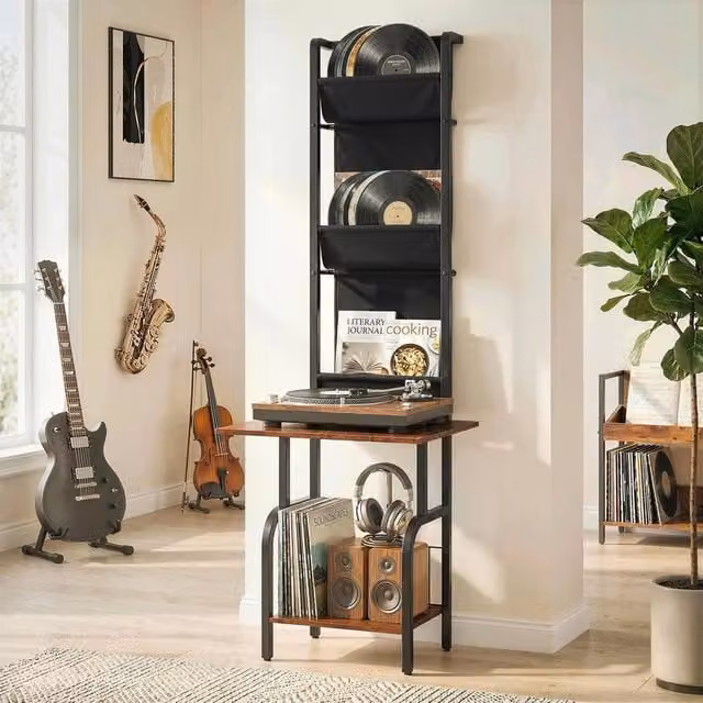 EONLION Industrial Vinyl Record Player Stand with Media Compartments in Black and Brown, W: 50 cm