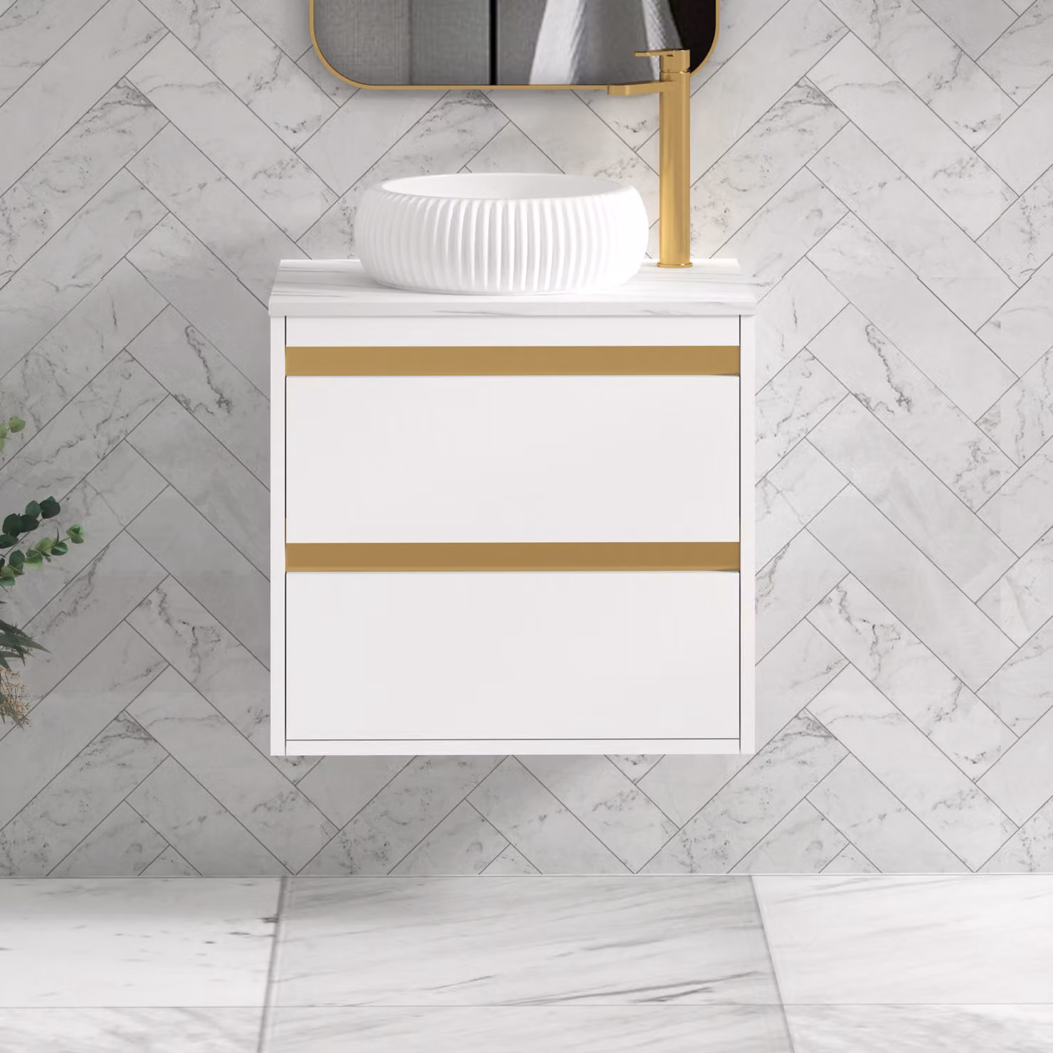 Royal Bathrooms Orion 600mm Matt White Wall Hung 2 Drawer Vanity Unit with Milan Basin and Brushed Brass Accent Trim