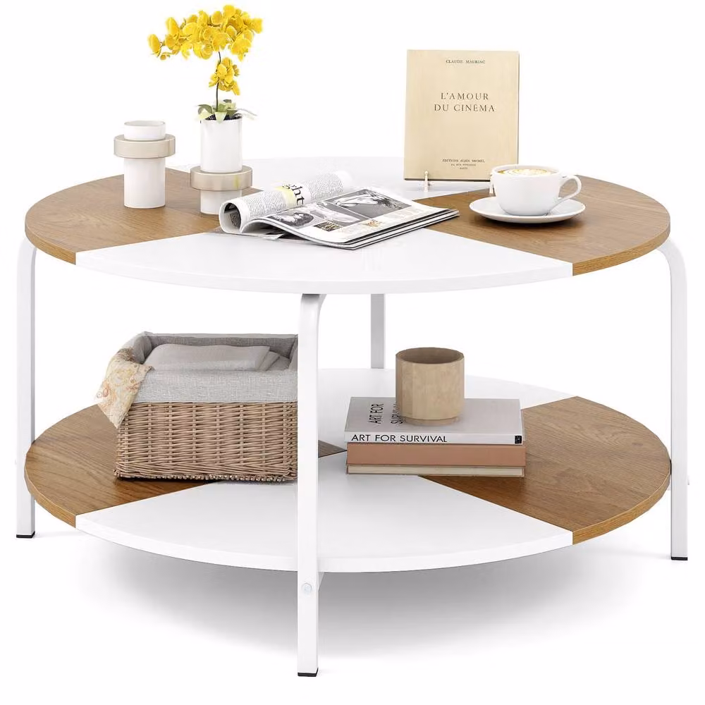 Costway 2-Tier Round Coffee Table with Shelf in White and Multicolour – 2