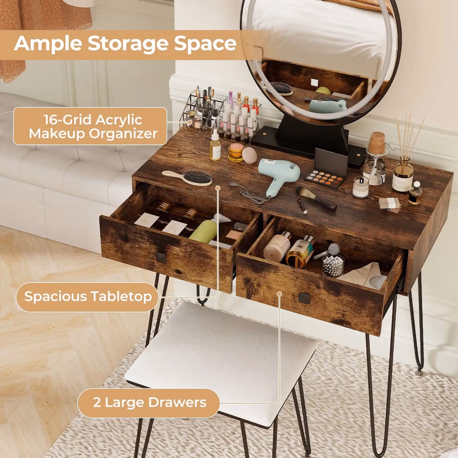 Costway Vanity Set Makeup Dressing Table with Hollywood LED Mirror and Soft Cushioned Stool in Brown and Gold – 2