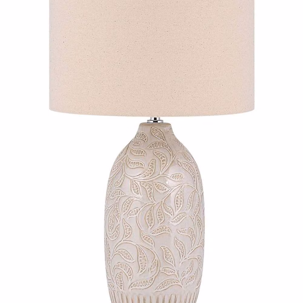 Wyld and Coco Beige Ceramic Bedside Lamp with Fabric Drum Shade, Height: 57 cm – 2