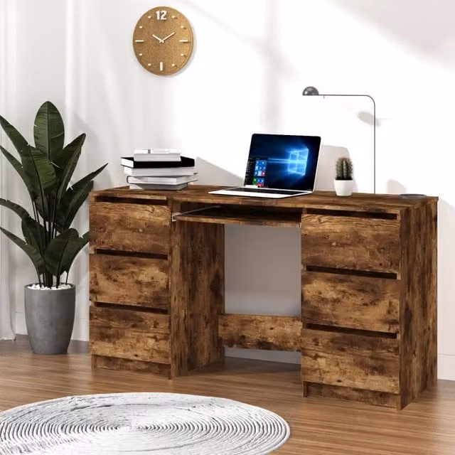 Berkfield Home Writing Desk in Smoked Oak Brown, W/D/H: 140 x 50 x 77 cm