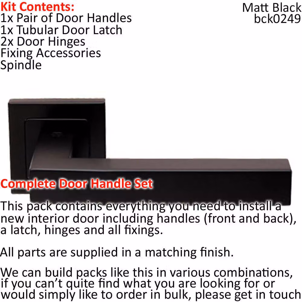 Loops Matt Black Cube Straight Lever Door Handle and Latch Pack with Square Rose – 2