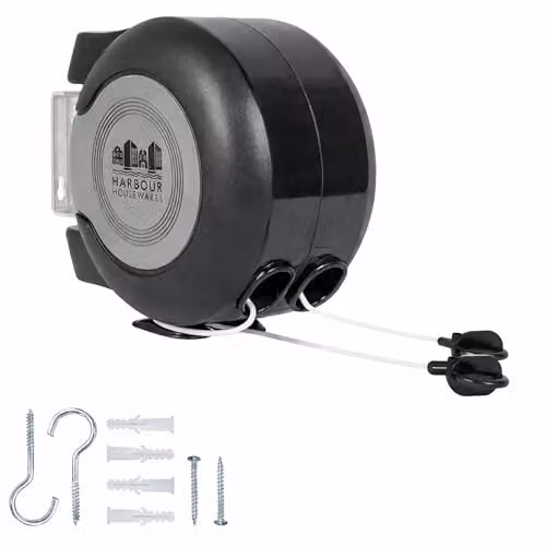Harbour Housewares Retractable Dual Cord Washing Line in Black, 2 x 15m UV-Resistant PVC Clothesline – 1