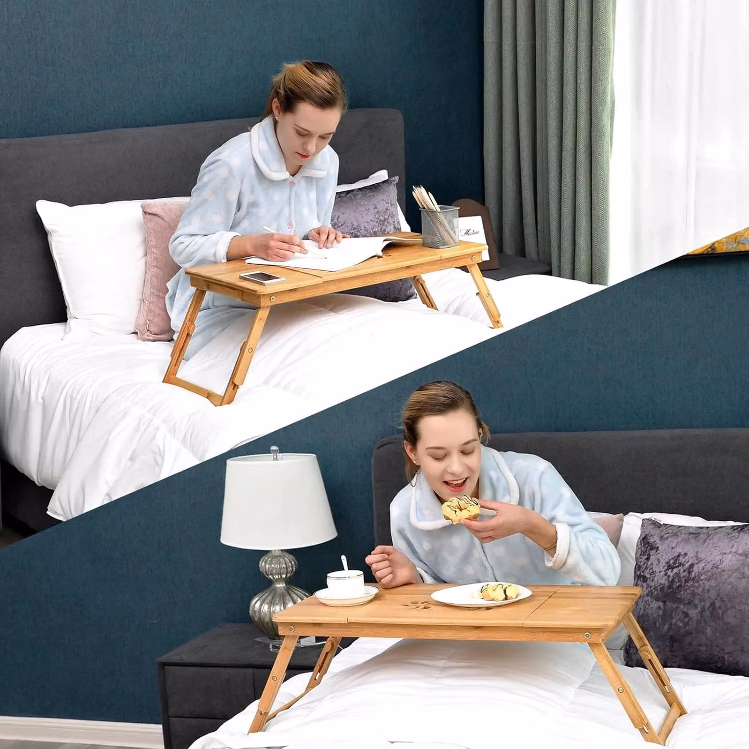 SONGMICS Bamboo Foldable Laptop Desk with Drawer, Height Adjustable and Tilting Top in Natural Brown – 3
