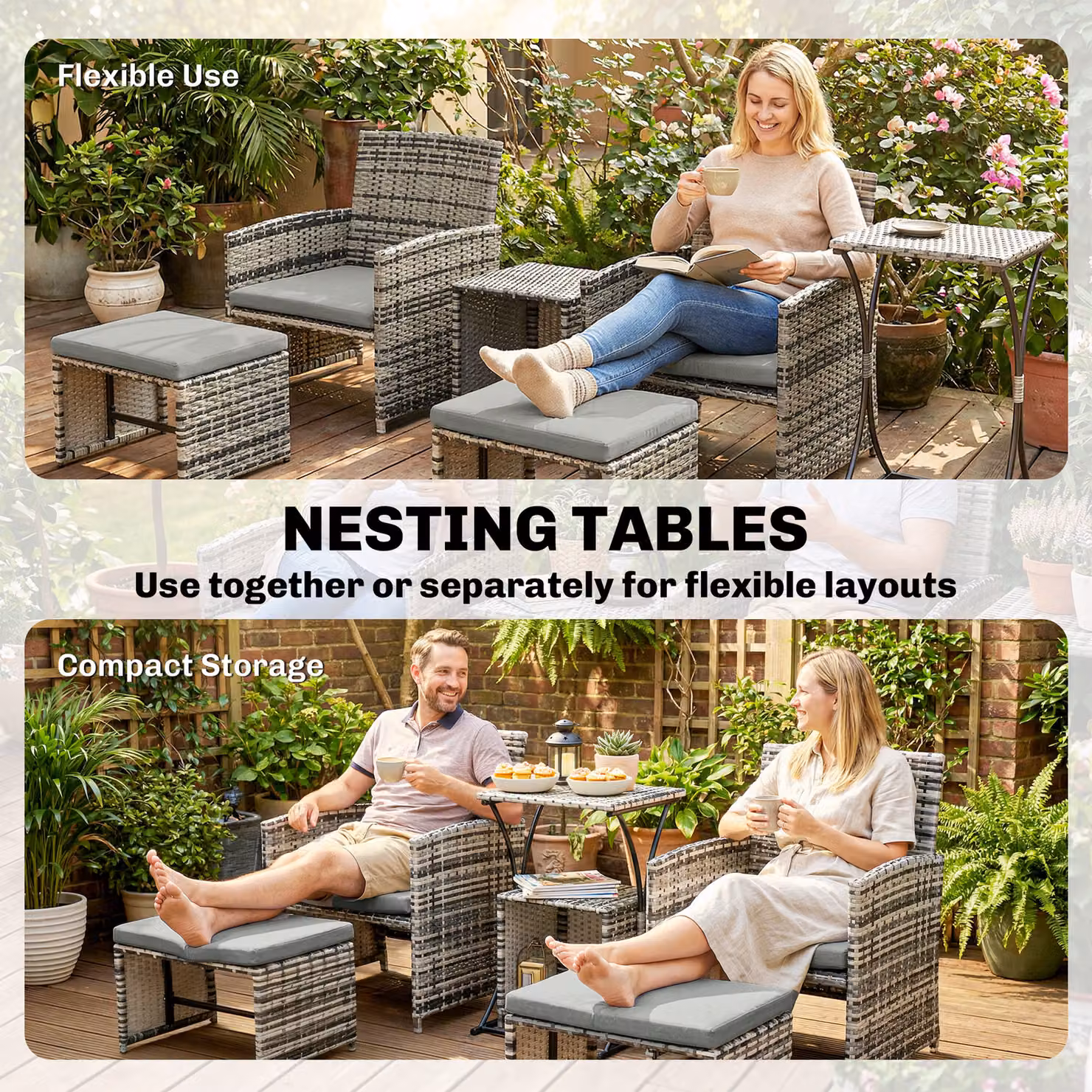 Outsunny 6 Piece Grey Rattan Garden Furniture Set with Nesting Tables, Chairs, Stools and Cushions – 5