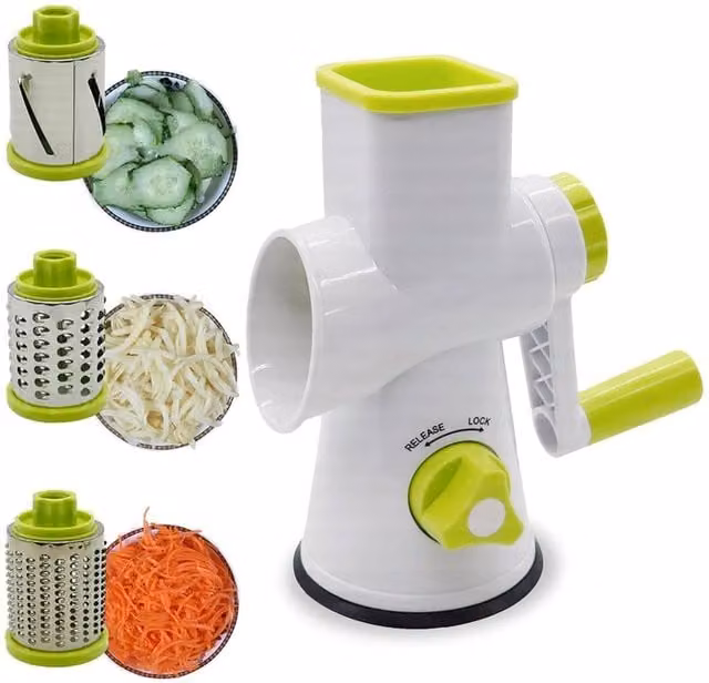 Top 3 Rotary Food Grater with 3 Stainless Steel Attachments, White and Green