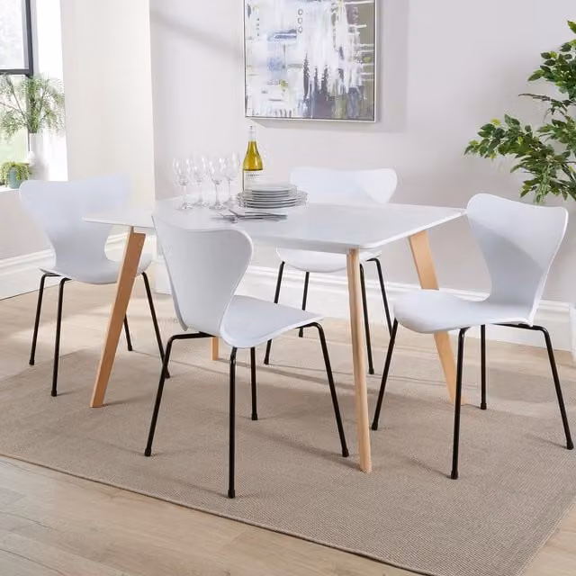 Home Source Fleur Dining Set with Rectangular Table and 4 Penny Chairs in White, Black, Navy or Grey – 1