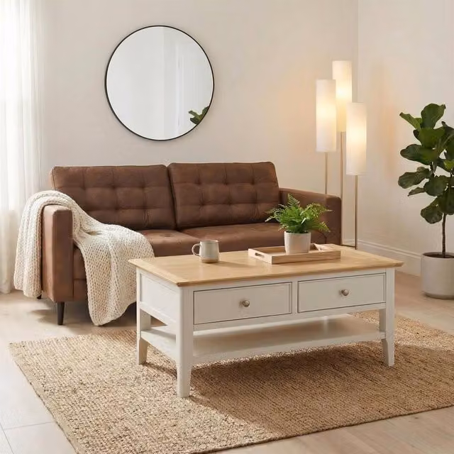 FurnitureboxUK Belle 2 Drawer Rectangular Solid Oak Wood and Cream Coffee Table