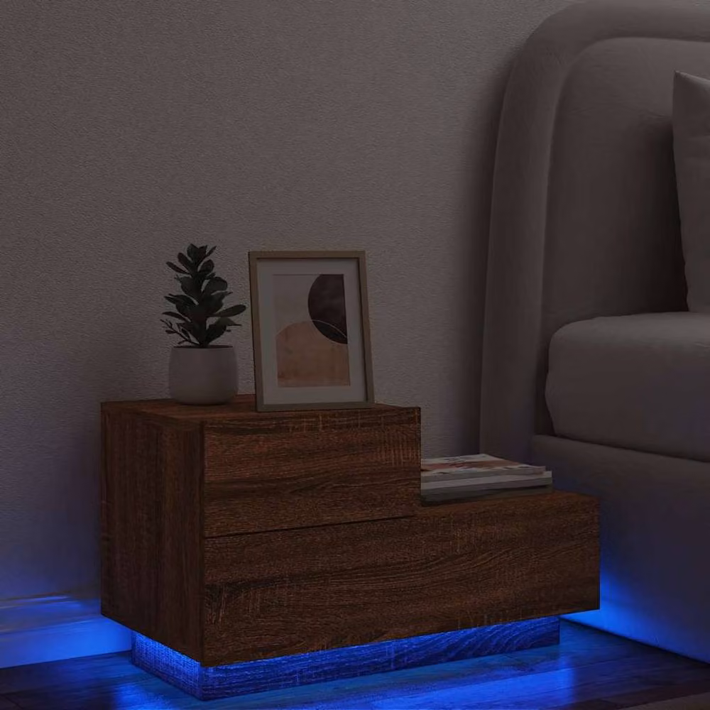 Berkfield Home Decorative Bedside Cabinet with Integrated LED Lights, Brown Oak, W: 70 cm, D: 36 cm, H: 40.5 cm – 2