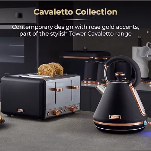 Tower Cavaletto 4-Slice Toaster with Defrost and Reheat, Black and Gold, 1800 W – 3